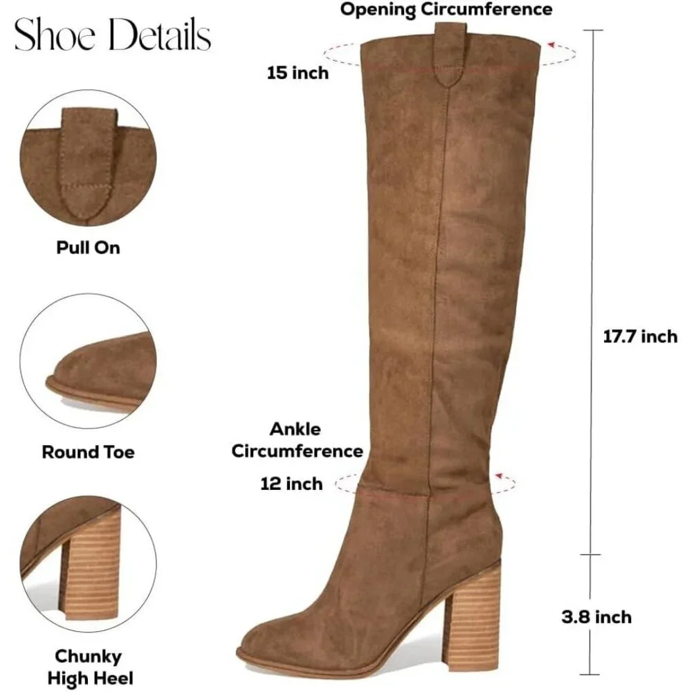 Women's 1 Khaki Suede Knee-high Boots Fall Boot Chunky Block High Heel